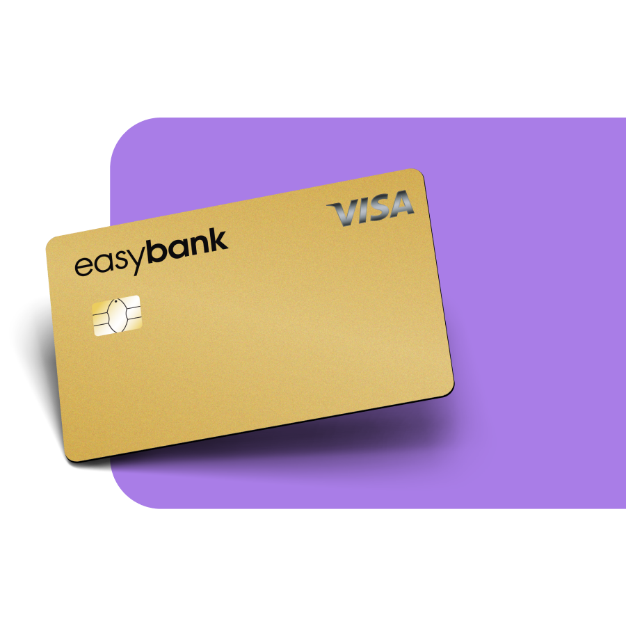 Goldene Kreditkarte mit easybank Logo und lilanem Hintergrund