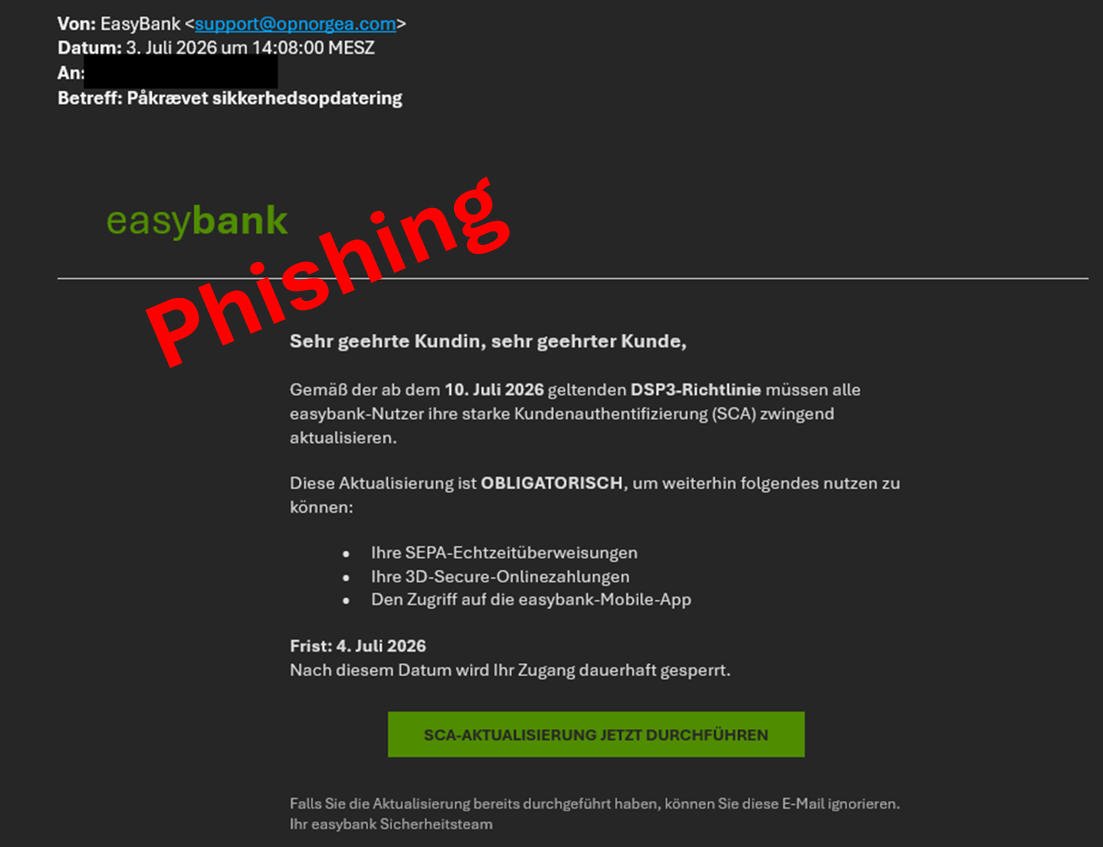 Phishing Beispiel: Kundenauthentifizierung notwendig
