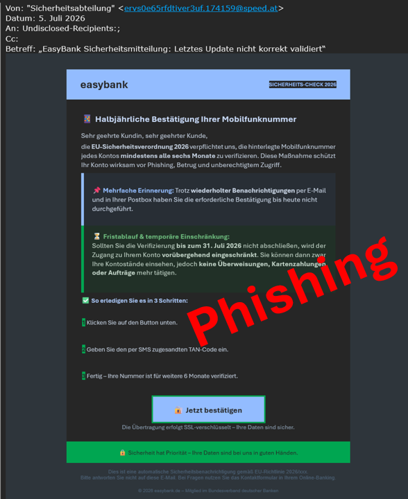 Phishing Beispiel: Halbjährliche Bestätigung der Mobilfunknummer